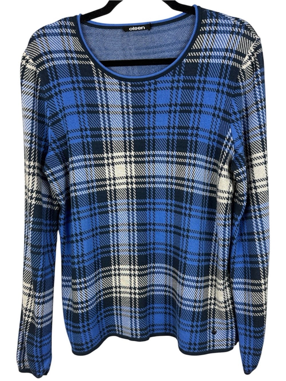 Olsen Germany Blue Plaid Knit Long Sleeve Sweater Top US M/10